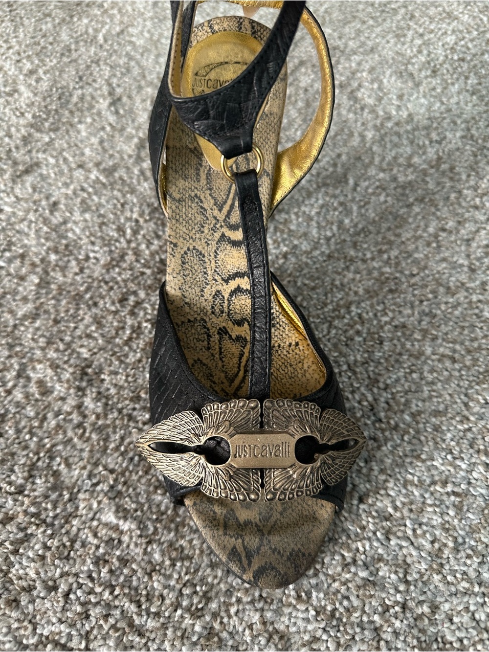 Just Cavalli Black and Gold T-Strap Heels with Decorative Buckle